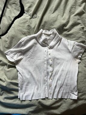 Brandy Melville White Ribbed Short-Sleeve Button-Down Top